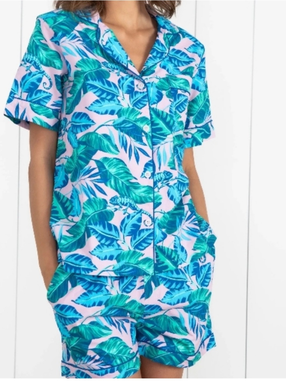 Printfresh Karma Chameleon Tropical Leaf Short Pajama Set, 100% cotton, M - Picture 2 of 6
